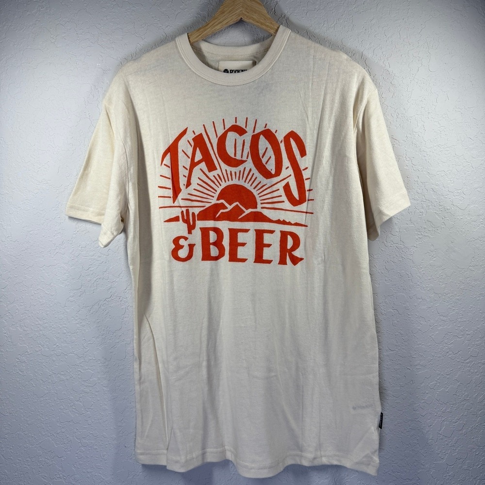 Woman's Pyknic Tacos and Beer Ivory and Orange Tee Shirt Size Small NEW